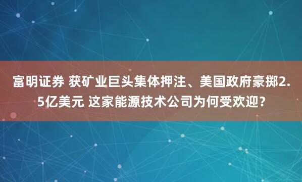 富明证券 获矿业巨头集体押注、美国政府豪掷2.5亿美元 这家能源技术公司为何受欢迎？